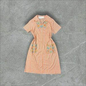 Orange Gingham Embroidered House Dress